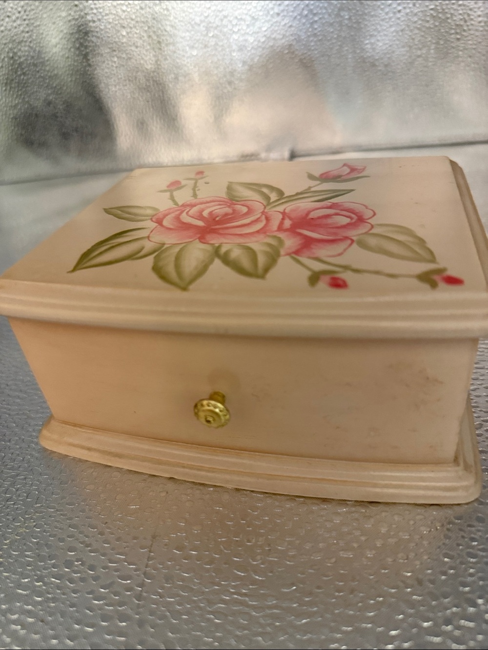 Mid Century Modern Floral Painted Jewelry Box in Cream with Pink Roses